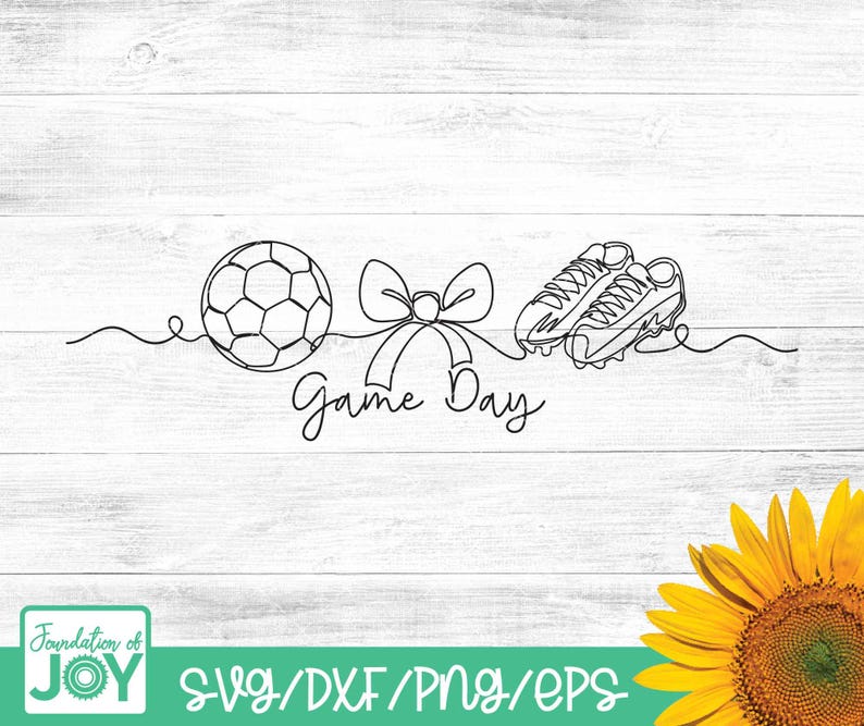May include: A black and white line drawing of a football, a bow, and football boots. The words "Game Day" are written in cursive. The image is set against a white wooden backdrop. A sunflower is in the bottom right corner.