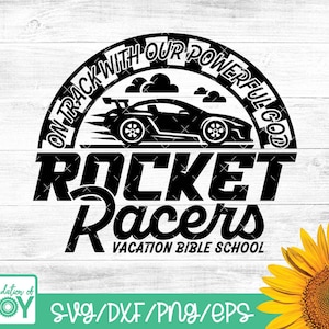 Rocket Racers, VBS 2025, vakantiebijbelschool svg, VBS shirtontwerp, op schema met onze machtige God, VBS citaten svg, religieuze svg