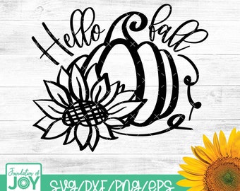 Hello Fall svg、カボチャ svg、ひまわり svg、秋のひまわり svg、秋の svg、秋の引用 svg、秋の引用 svg、Cricut および Silhouette カット ファイル