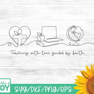 May include: Black and white line art design featuring a heart with a cross, a laptop with an apple on books, and a globe. The text "Teaching with love, guided by faith" is included. The design is on a white wood background.