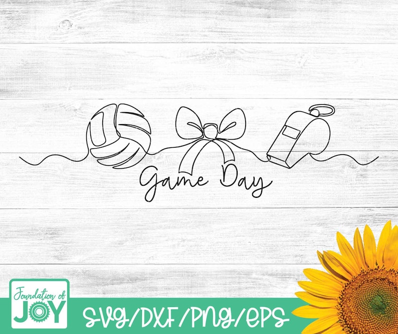 May include: Black and white line art design featuring a volleyball, a bow, and a whistle, with the words "Game Day" in cursive. The design is on a white wood-grain background. A sunflower is in the bottom right corner.