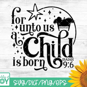 May include: Black and white graphic design with a star, a manger, and the text "for unto us a child is born Isaiah 9:6".