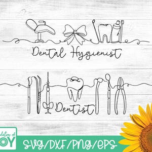 Pode incluir: Desenho a traço preto e branco com instrumentos dentários e uma cadeira de dentista. As palavras "Dental Hygienist" e "Dentist" estão escritas em itálico. A parte inferior da imagem tem o texto "SVG/DXF/PNG/EPS".