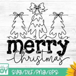 May include: Black and white graphic with the words "Merry Christmas" in a bold font, with three Christmas trees and bows. The image also includes the text "SVG/DXF/PNG/EPS" and the logo "Foundation of JOY".