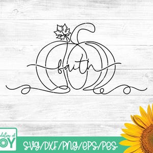 May include: Black line art of a pumpkin with the word "faith" in the center. The pumpkin has a stem and leaf. The image is on a white wood background. A sunflower is in the bottom right corner.