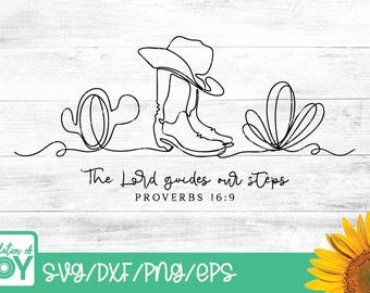 Western Christian PNG, The Lord Guides Our Steps, Walk By Faith Shirt svg, Bible Verse, Cowgirl Boots Continuous Line art svg, Minimalist