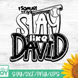 Puede incluir: Diseño gráfico en blanco y negro con el texto "1 Samuel 17:49 Slay Like David" y un bate de béisbol y una pelota.