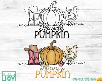 Howdy Pumpkin Western Halloween PNG, Girly Fall Design, Cowboy Hat, Continuous Line art, Single Line art, Svg, Png Dtf, Digital Download