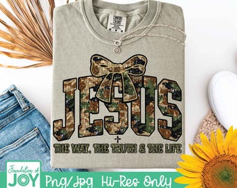 Camo Jesus Coquette PNG, Christian Png, Jesus Shirt Png, The way the truth the life png, Army Christian Png, Military Jesus Png, Glitter png