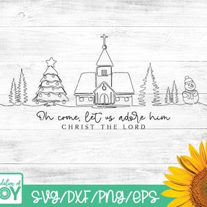 Oh Come Let Us Adore Him Png, Christmas Church Scene svg, Christian Christmas png, Continuous Line art svg, Minimalist art png, Snowman