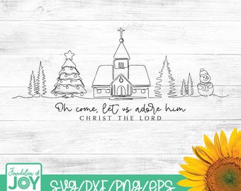 Oh Come Let Us Adore Him Png, Christmas Church Scene svg, Christian Christmas png, Continuous Line art svg, Minimalist art png, Snowman