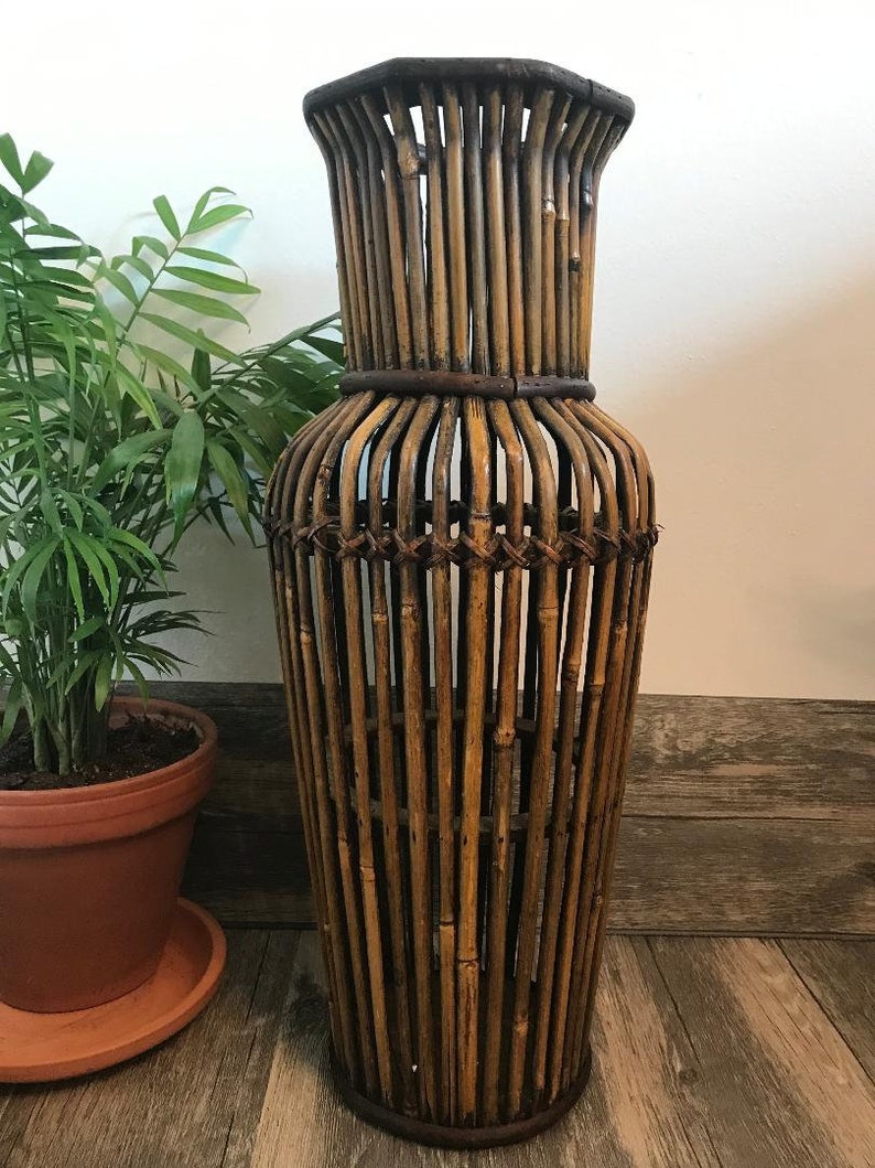 Tall 18 Bamboo Vase Rattan Vintage Wicker Basket Etsy