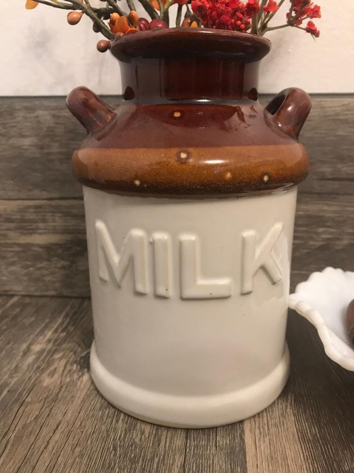 Vintage Fall Decor/ Vintage Ceramic Milk Jug/ White Milk Glass Candy