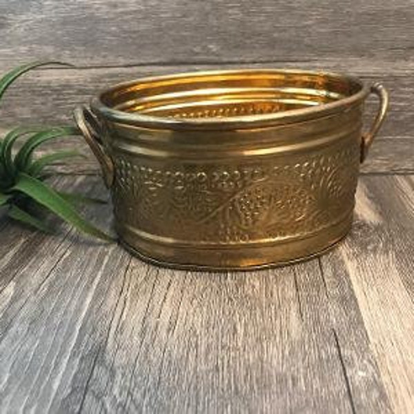 vintage solid brass planter/ decorative retro plant holder/ brass container