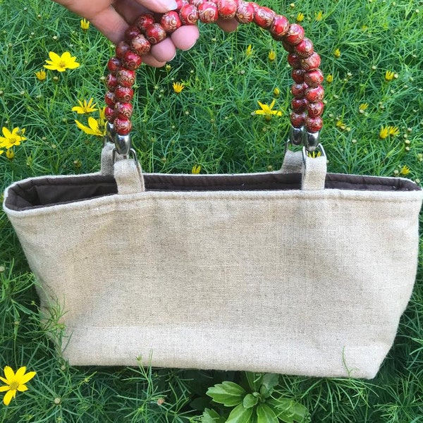 red and orange beaded top-handle tan woven fabric purse/ handbag/ clutch/ natural/ Boho handbag/ Bohemian handbag/ Boho purse