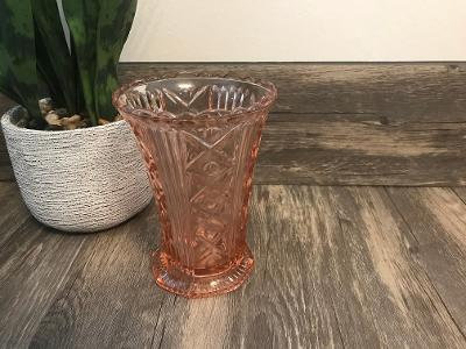 Vintage pink glass vase/ etched rose glass vase Etsy