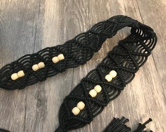 black leather macrame woven belt with wood beads/ Boho belt