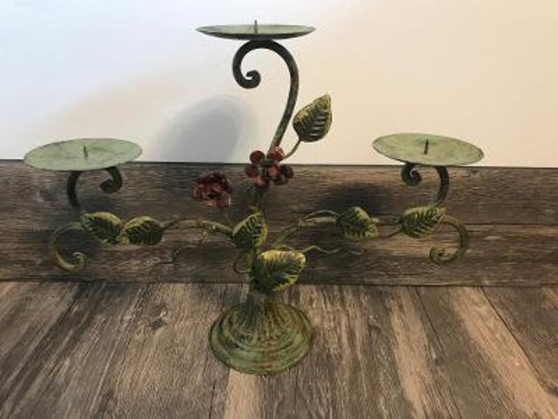 Vintage Tole Painted Metal Candle Holder Etsy