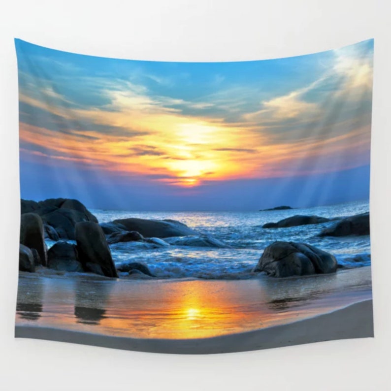 Sunset Wall Tapestry Ocean Decor Beach Art Hanging Nature Photography Sky Clouds