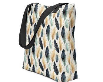 Feather Design Tote Bag / Colorful Feathers Book Bag / Unique Market bag /