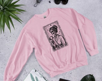 The Mom Funny Tarot Card Sweatshirt / Skeleton Mom with Messy Bun Drinking Coffee Sweater