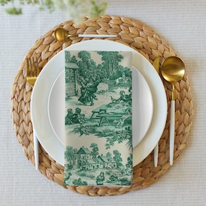 Grün Toile de Jouy Stoffservietten Set / 4er Set Chinoiserie Stoffservietten / Viktorianische Szene / French Cottage Decor