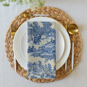 Conjunto de guardanapos de tecido azul Toile de Jouy / Conjunto de 4 guardanapos de jantar de tecido chinoiserie / Cena vitoriana / Decoração de casa de campo francesa