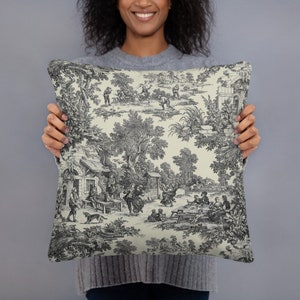 Cojín de Toile de Jouy negro / Cojín con diseño chinoiserie / Cojín decorativo con escena victoriana / Decoración de cabaña francesa
