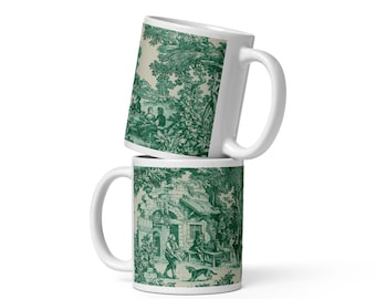 Green Toile de Jouy Mug / French Chinoiserie Design Mug / Victorian Scene Coffee Tea Cup / Shabby Chic / Cottage Decor