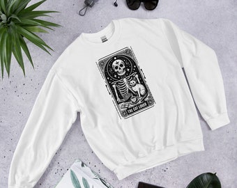 Felpa unisex con carta dei tarocchi amante dei gatti / Felpa divertente amante dei gatti / Maglione con carte dei tarocchi scheletro e gatto / Regalo del proprietario del gatto
