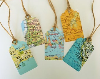 MAP GIFT TAGS / Recycled Upcycled  Vintage Atlas Maps with hole and twine / Travel theme / Destination Atlas tags / Jewelry display tags