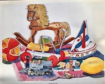 May include: A collection of vintage children's toys including a rocking horse, a red and white beach ball, a yellow toy car, a blue and white sailboat, a toy train, and colorful wooden blocks.