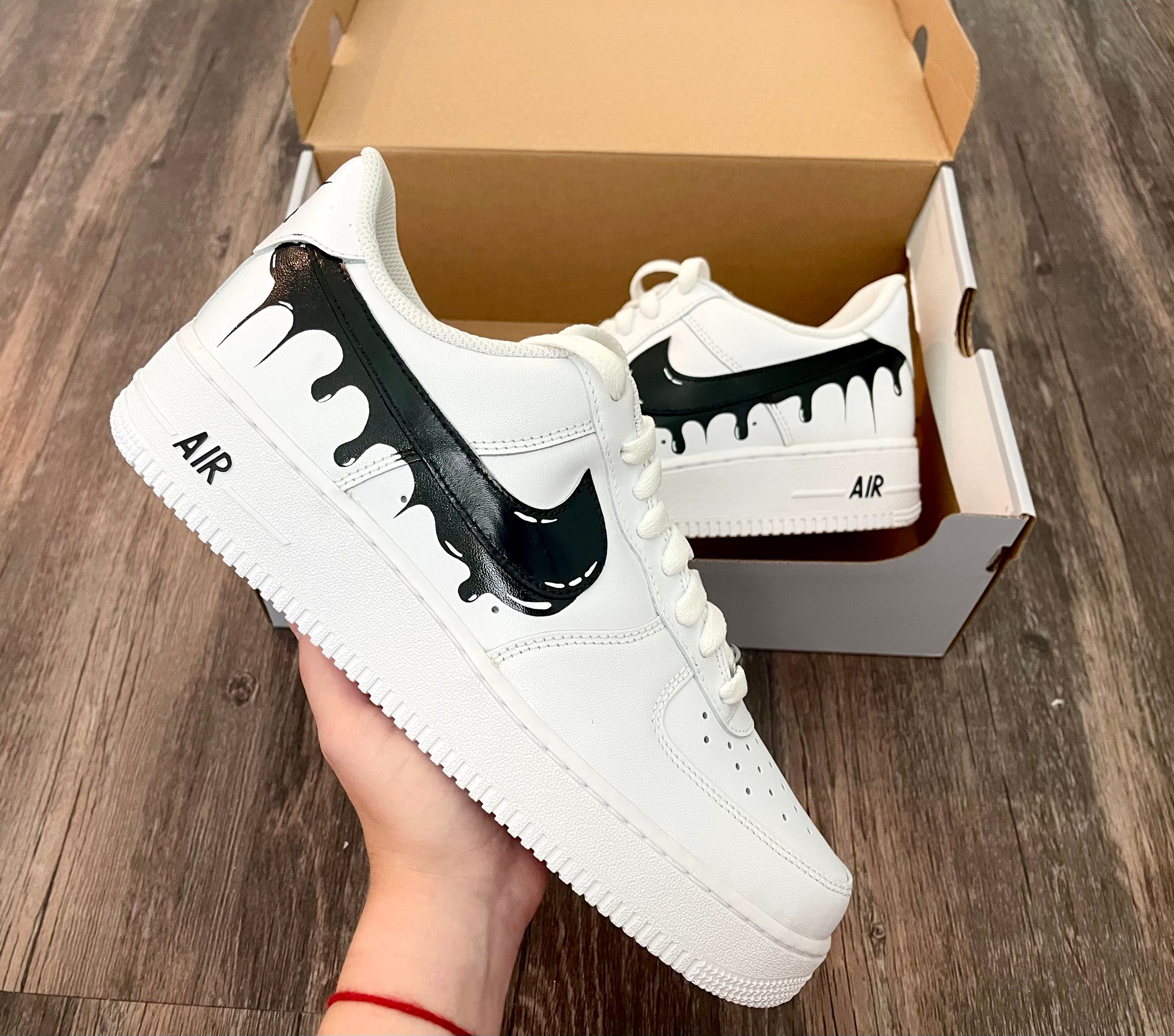 Nike Air Force 1 Low White Black Paint Drip Custom (GS)