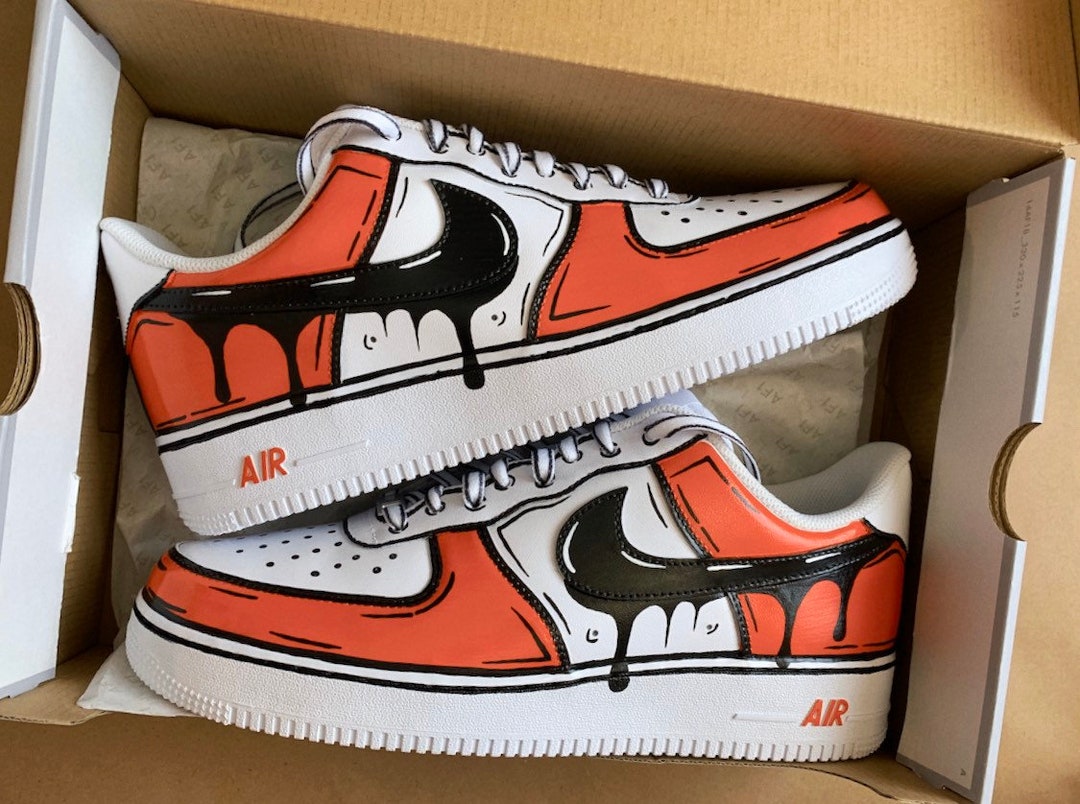 Air Force 1 Custom Low Cartoon Dark Orange Shoes White Black Outline Mens Womens 7Y Kids (8.5 Women's)