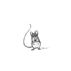 May include: A black and white pen and ink illustration of a mouse. The mouse is standing upright with its front paws together. The mouse has a long tail and large ears. The artist's signature is in the lower right corner.
