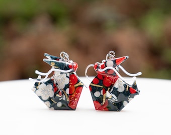 Dragon Origami Earrings featuring Blue Chiyogami in a Floral Pattern | 2024 Earrings | 2024 Dragon of the Year | Japanese Earrings