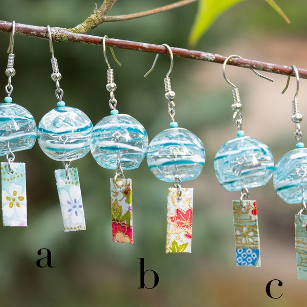 Japanese Wind Chime Dangle Earrings | Furin Earrings | Summer Earrings | Teal Earrings | With Chiyogami Paper Strip |