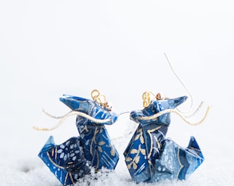 Pendientes de origami de dragón azul: papel japonés Chiyogami, detalles dorados