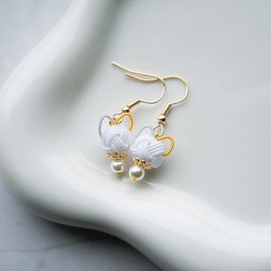 Mizuhiki Cat Earrings | Cat with Faux Pearl | Japanese Mizuhiki Earrings | Cat Lover Earrings | Gift for Her
