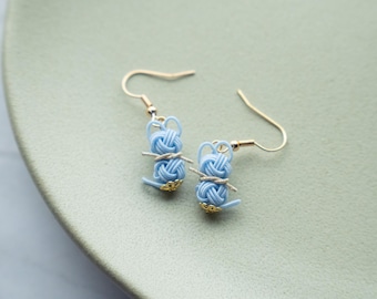 Mizuhiki Cat Earrings: Japanese Knot Cord, Blue Winter Jewelry