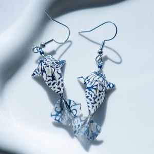 Blue Koi Origami Earrings | Japanese Chrysanthemum Chiyogami Paper | Simple Summer-Inspired Japanese Earrings