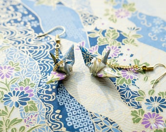 Boucles D'oreilles Pendantes Japonaises Yuzen Origami - Rouges à Motif éventail Et Fleurs