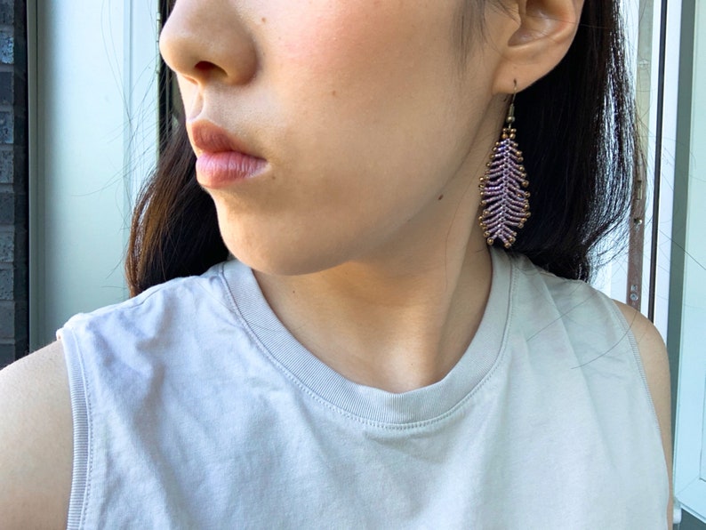 beaded feather earrings seed bead earrings pink seed bead earrings beaded earrings feather earrings