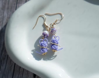 Mizuhiki Cat Earrings: Japanese Knot Cord, Purple & White