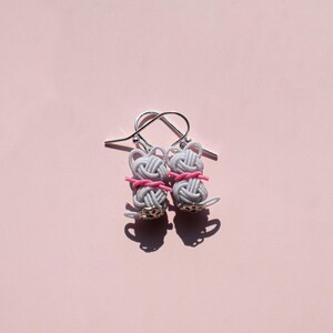 Cat Earrings | Japanese Mizuhiki Earrings | Gray Cat with Pink, Yellow, Blue Tie | Cat Lover Earrings | Gift for Her