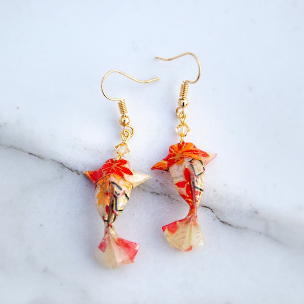 Red Origami Koi Earrings |  Japanese Maple Design Chiyogami Paper| Japanese Earrings