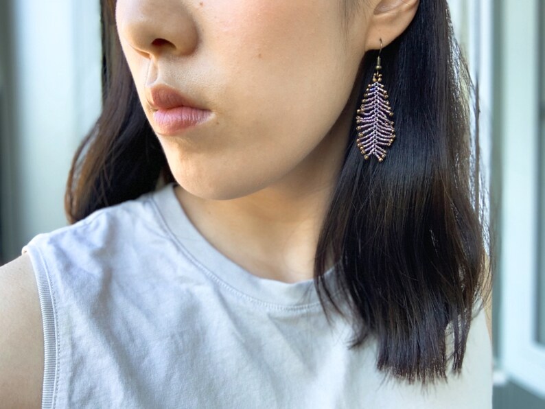 beaded feather earrings seed bead earrings pink seed bead earrings beaded earrings feather earrings