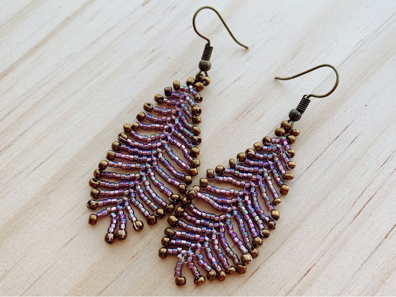 beaded feather earrings seed bead earrings pink seed bead earrings beaded earrings feather earrings