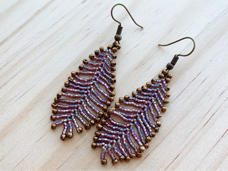 beaded feather earrings seed bead earrings pink seed bead earrings beaded earrings feather earrings