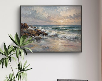 Ocean Seascape Oil Painting,Rocky Coast Wall Art,Textured Ocean Waves,Sunset Beach Landscape,Handmade Coastal Decor,Original Hand-Drawn Art